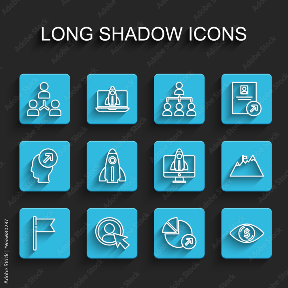 Set line Location marker, Create account screen, Project team base, Financial growth, Eye with dollar, Startup project concept, Mountains flag and icon. Vector Set line Location marker, Create account screen, Project team base, Financial growth, Eye with dollar, Startup project concept, Mountains flag and icon. Vector