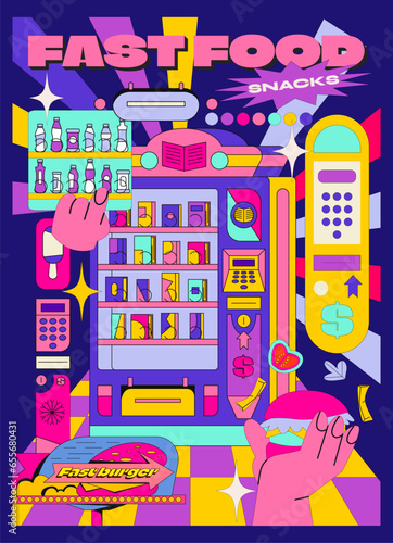 Acid psychedelic groovy poster retro snack machine 90s. Bright abstract elements and vintage fast food and ice cream. Geometric design in memphis style