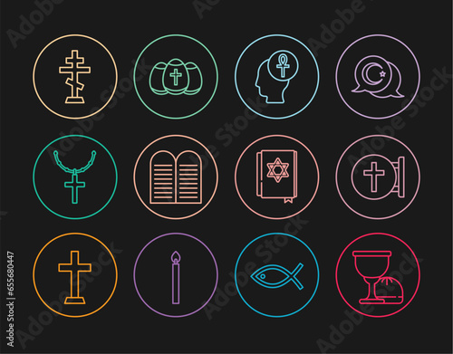 Set line Holy grail or chalice, Christian cross, Cross ankh, The commandments, on chain, Jewish torah book and Easter egg icon. Vector