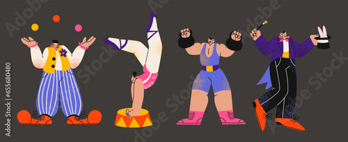 Cartoon characters circus performers in retro 90s style. carnival heroes, clown, magician, acrobat and strongman. Circus show. carnival party