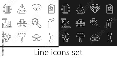 Set line Dog bone, Pet shampoo, Heart with dog, carry case, Cat scratching post, Veterinary clinic and collar icon. Vector