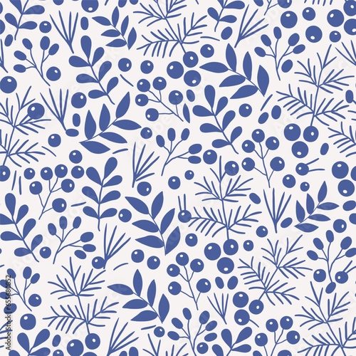 A pattern of twigs and berries. A template with images of berries  twigs and leaves in blue on a white background.