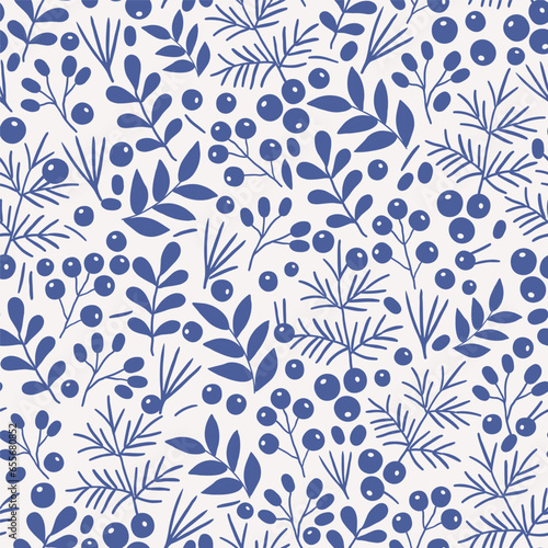 A pattern of twigs and berries. A template with images of berries, twigs and leaves in blue on a white background.