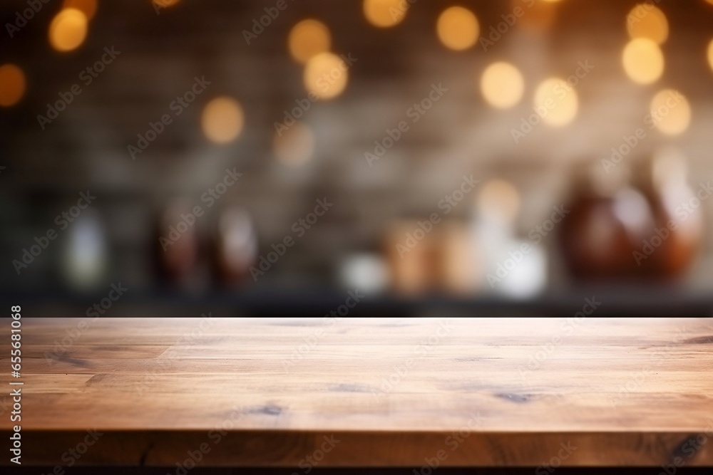 Blank wooden table with blurred background