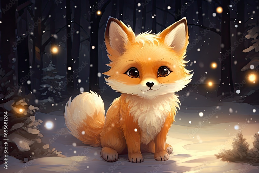 cute little baby fox in winter landscape illustration cute little baby fox in winter landscape illustration