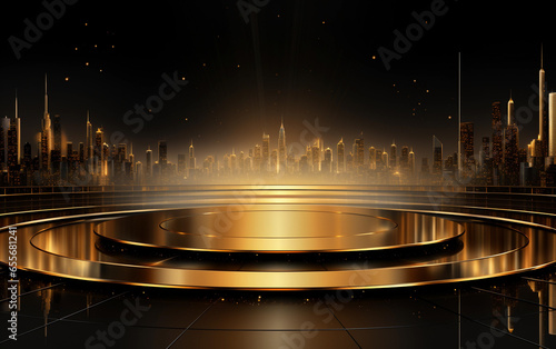 Golden luxury podium for display with city in the background