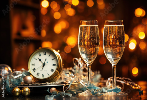 champagne glasses and bottle with clock time of new year's eve celebration cheers