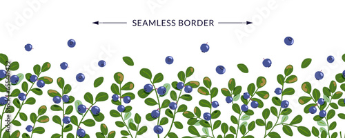 Bilberry vector seamless border design. Northern blue forest berries banner background. Hand drawn cartoon berry fruit branches illustration isolated on white. Natural healthy food with vitamins