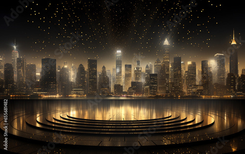 Golden luxury podium for display with city in the background