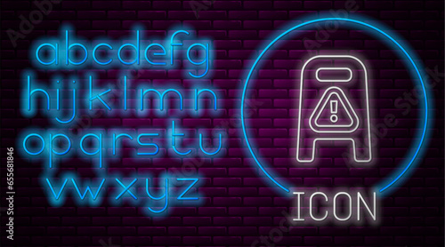 Glowing neon line Wet floor and cleaning in progress icon isolated on brick wall background. Cleaning service concept. Neon light alphabet. Vector Illustration