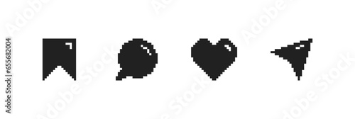 Share, save, like and comment icon set. Pixel style. Vector EPS 10