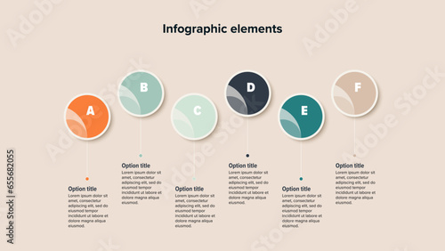 Business process chart infographics with 6 step circles. Round workflow graphic elements. Company flowchart presentation slide. Vector info graphic in flat design