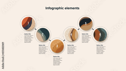 Business process chart infographics with 6 step circles. Round workflow graphic elements. Company flowchart presentation slide. Vector info graphic in flat design