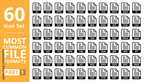 File Format Vector Icon Set. JPEG, PNG, GIF, BMP, EXE, AI, MP3, ZIP, 7z, PSD, CSS, HTML, JS, SQL, XML, RAR, SVG, PY, OTF, TTF, WAV, ISO, WEBP and Many More.