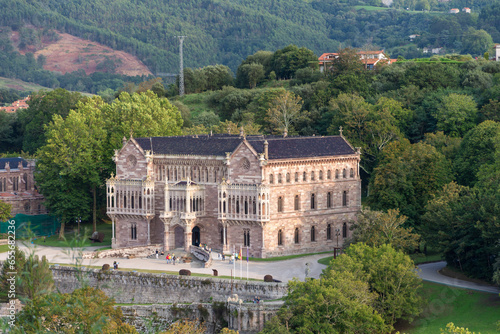 Panoramic view of the Sobrellano Palace with tourists, Comillas, Spain, Europe, August 29, 2023. horizontal photo