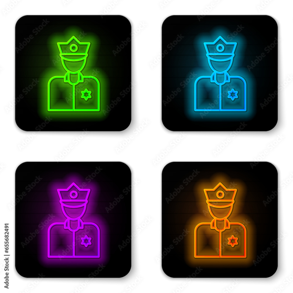 Glowing neon line Police officer icon isolated on white background. Black square button. Vector Glowing neon line Police officer icon isolated on white background. Black square button. Vector