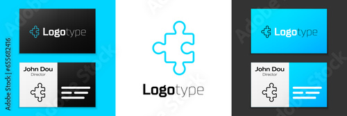 Blue line Piece of puzzle icon isolated on white background. Business, marketing, finance, layout, infographics, internet concept. Logo design template element. Vector