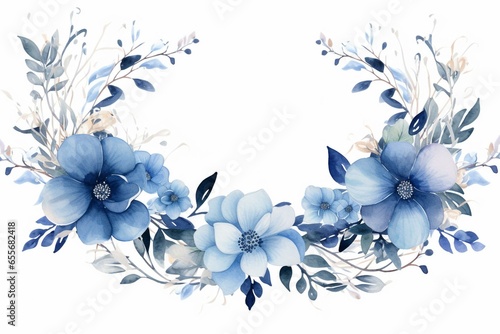 Floral frame with indigo blue watercolor design. Generative AI