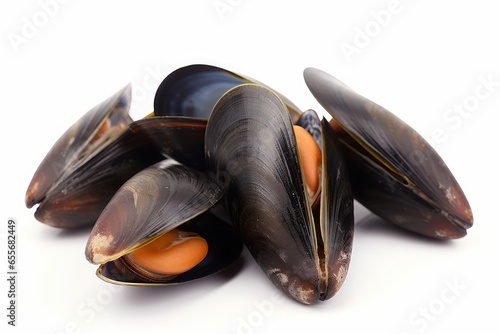 A fresh pile of mussels on a pristine white surface