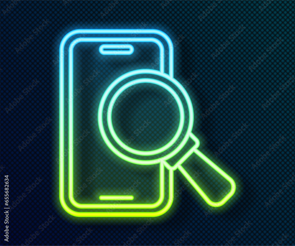 Glowing neon line Phone repair service icon isolated on black background. Adjusting, service, setting, maintenance, repair, fixing. Vector Glowing neon line Phone repair service icon isolated on black background. Adjusting, service, setting, maintenance, repair, fixing. Vector