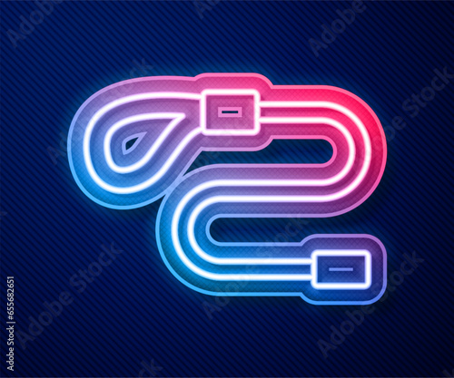 Glowing neon line Retractable cord leash with carabiner icon isolated on blue background. Pet dog lead. Animal accessory for outdoors walk. Vector