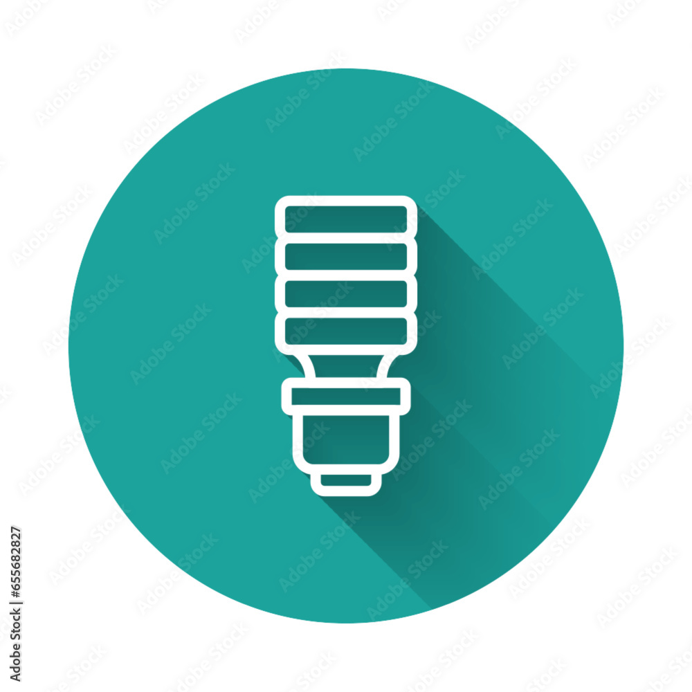 White line LED light bulb icon isolated with long shadow background. Economical LED illuminated lightbulb. Save energy lamp. Green circle button. Vector White line LED light bulb icon isolated with long shadow background. Economical LED illuminated lightbulb. Save energy lamp. Green circle button. Vector