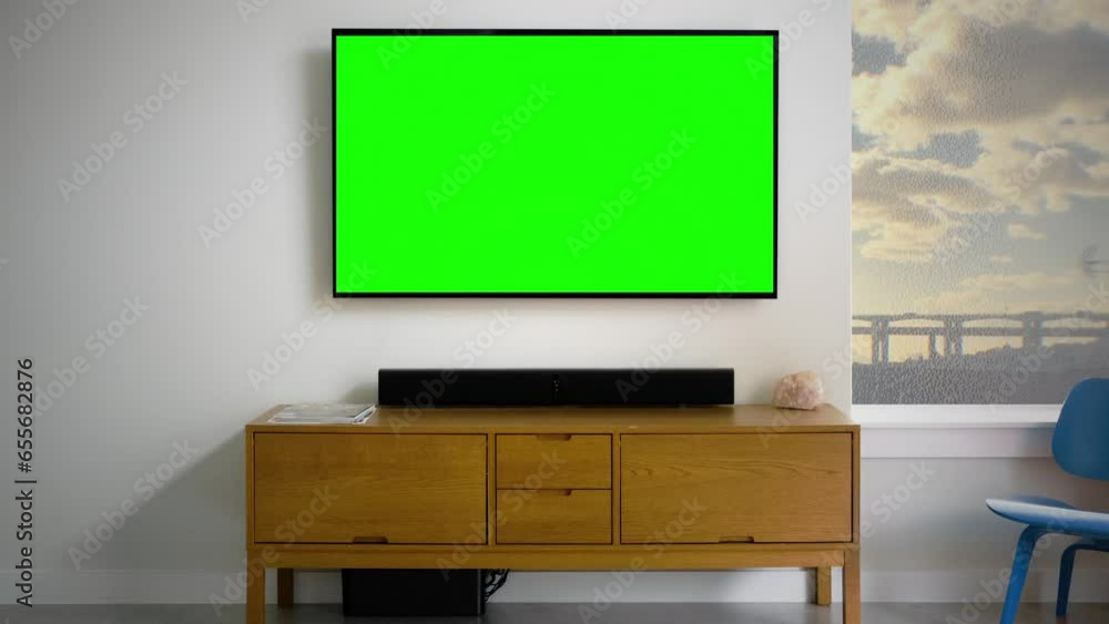 Modern TV Green Screen Zoom In Television Hanging Wall Window View. A ...