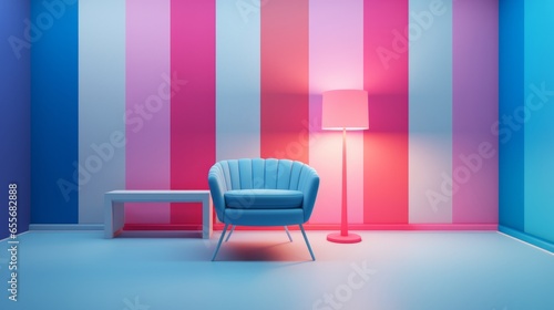 Interior of a living room with a blue armchair and a lamp.