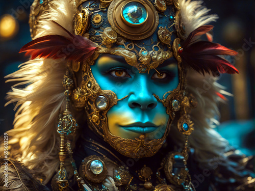 Portrait eines Mannes mit blauem make-up, Kopf - und Gesichtsschmuck. Biopunk. Steampunk. Cyberpunk. © ludariimago