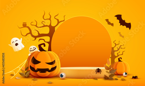 Halloween orange product display podium with pumpkins, bats and ghosts.