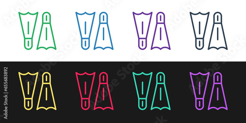 Set line Rubber flippers for swimming icon isolated on black and white background. Diving equipment. Extreme sport. Diving underwater equipment. Vector