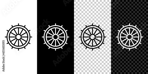 Set line Ship steering wheel icon isolated on black and white, transparent background. Vector