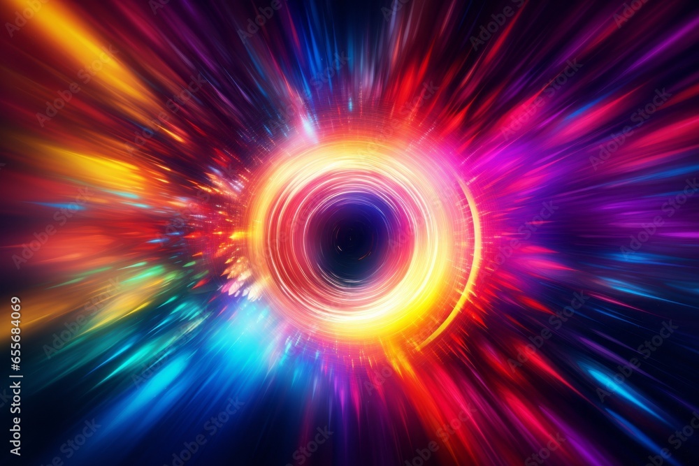 An image focusing on a camera lens with rainbow-colored streaks of light emanating from it, giving the impression of a portal to a colorful and surreal world. An image focusing on a camera lens with rainbow-colored streaks of light emanating from it, giving the impression of a portal to a colorful and surreal world.