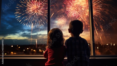 The children looked out the glass window and saw colorful fireworks. photo