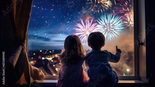 The children looked out the glass window and saw colorful fireworks.