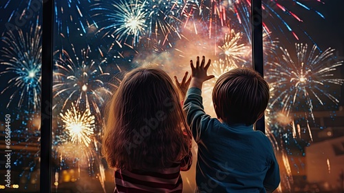 The children looked out the glass window and saw colorful fireworks.