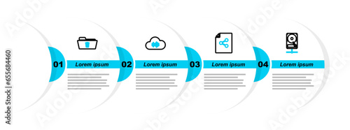 Set line Hard disk drive on sharing network, Share file, Music streaming service and Delete folder icon. Vector