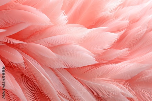 A close-up of a flamingo's feather, showcasing its delicate pink hues transitioning into soft coral tones, creating a soothing and elegant background. © Oleksandr