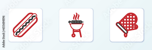 Set line Oven glove, Hotdog sandwich and Barbecue grilled shish kebab icon. Vector
