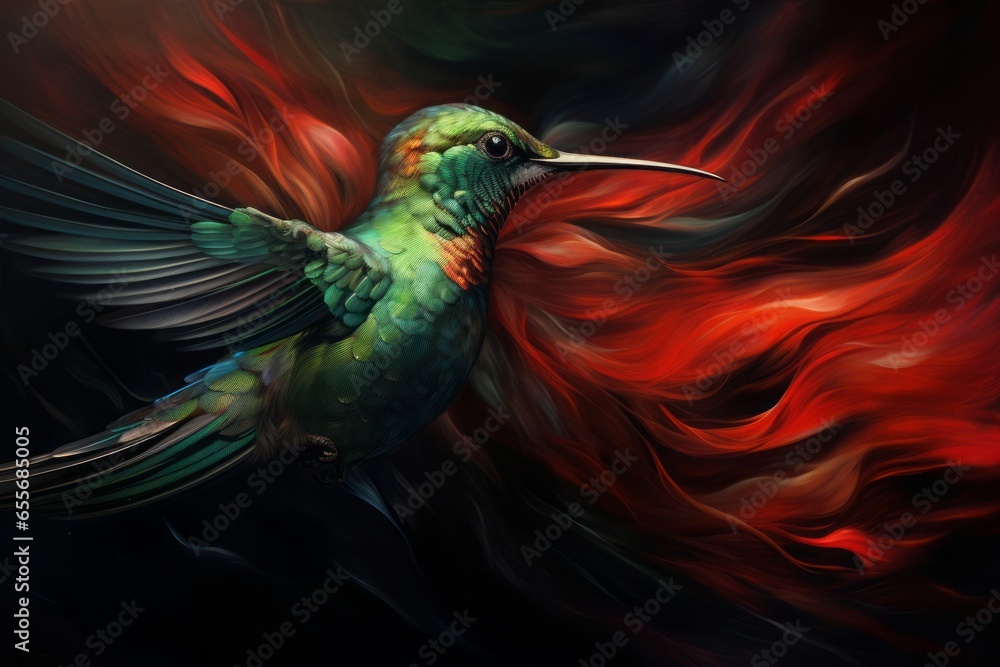 Fototapeta premium An abstract composition with the close-up of a hummingbird's iridescent feather, capturing the shimmering colors of emerald green and ruby red against a dark backdrop.