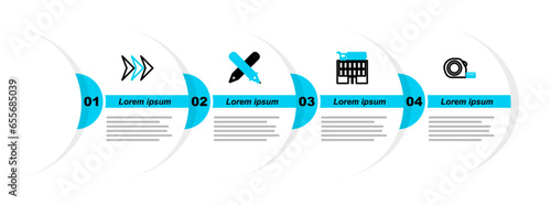 Set line Roulette construction, Supermarket building, Crossed pencil and Arrow icon. Vector