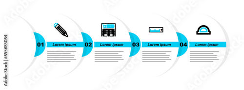 Set line Protractor grid, Ruler, Supermarket building and Pencil icon. Vector