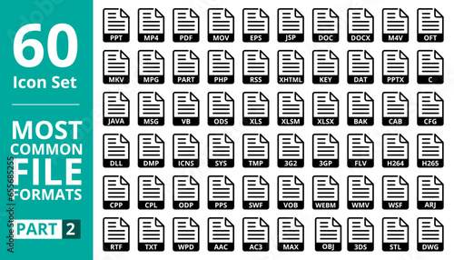 File Format Vector Icon Set. MP4, PDF, PPT, MOV, EPS, DOC, PHP, MKV, MPG, KEY, DLL, ICNS, TMP, WMV, TXT, AAC, OBJ, DWG, DAT, C and Many More.