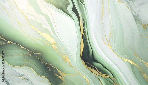 flowy, soft green marble background with gold streaks. Generative Ai.