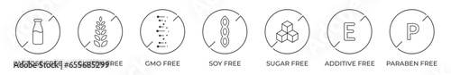 Allergy free product icons set. Gluten gmo lactose paraben sugar e-additive free icon set. Vector illustration.