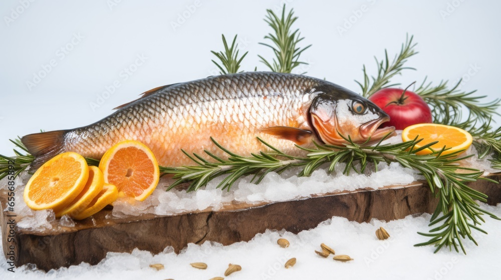 Fresh fish with lemon, rosemary and tomatoes on a white background Fresh fish with lemon, rosemary and tomatoes on a white background