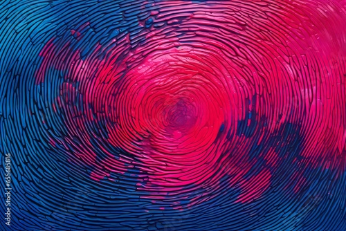 A dynamic image featuring a bright pink fingerprint placed atop a canvas of electric blues and fiery oranges, conveying a sense of energy and movement.