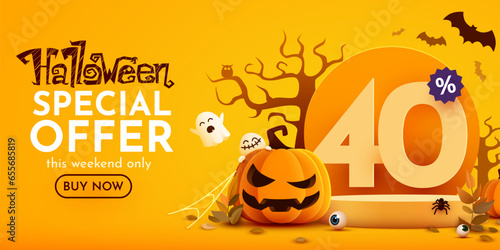 40 percents off. Halloween sale banner template. Podium and numbers with amount of discount. Special October offer.