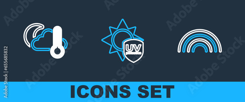 Set line Rainbow, Thermometer and cloud, moon and UV protection icon. Vector