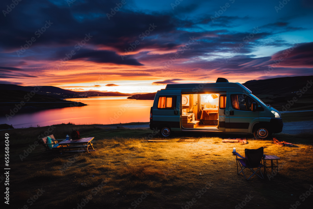 Glowing light from a camper van parked by the lake with beautiful landscape and sun set in the background Glowing light from a camper van parked by the lake with beautiful landscape and sun set in the background